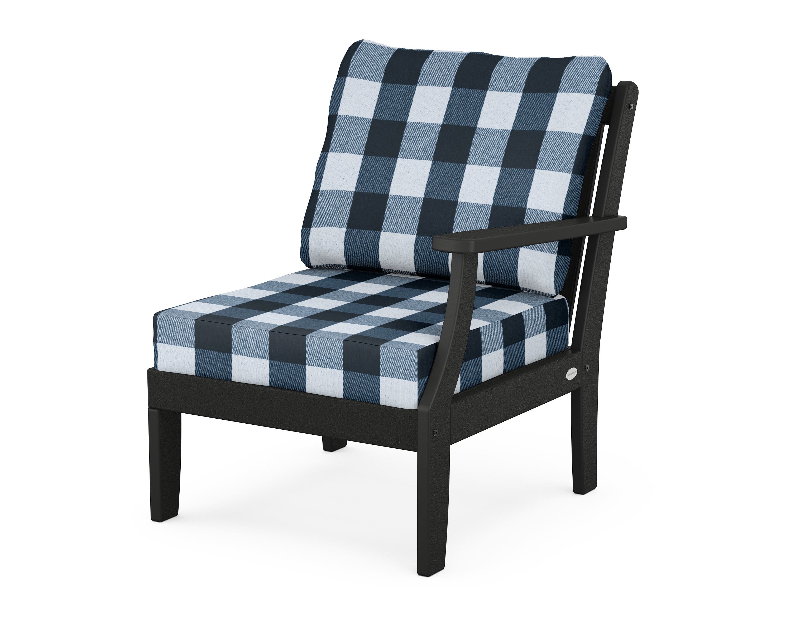 POLYWOOD® Braxton Modular Right Arm Chair in Black / Buffalo Plaid Marine Indigo