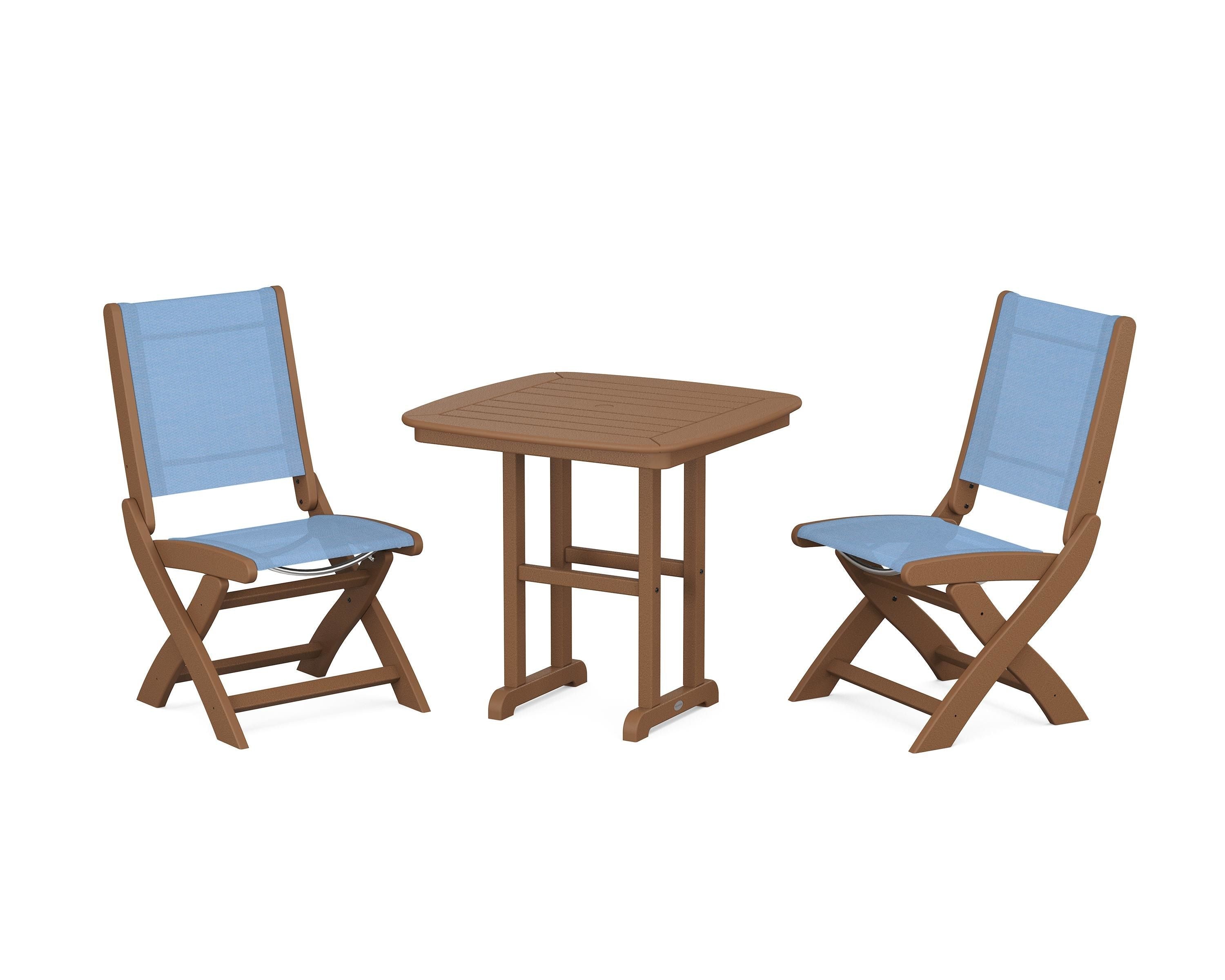 POLYWOOD® Coastal Folding Side Chair 3-Piece Dining Set in Teak / Poolside Sling