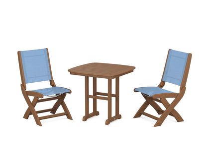 POLYWOOD® Coastal Folding Side Chair 3-Piece Dining Set in Teak / Poolside Sling