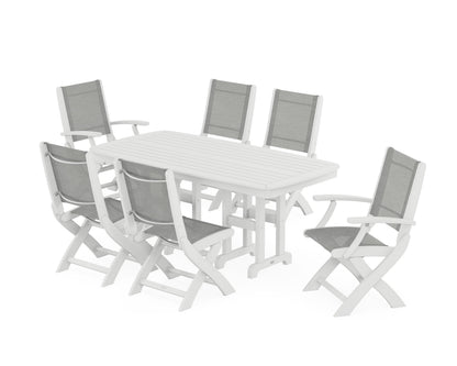 POLYWOOD® Coastal Folding Chair 7-Piece Dining Set in White / Metallic Sling