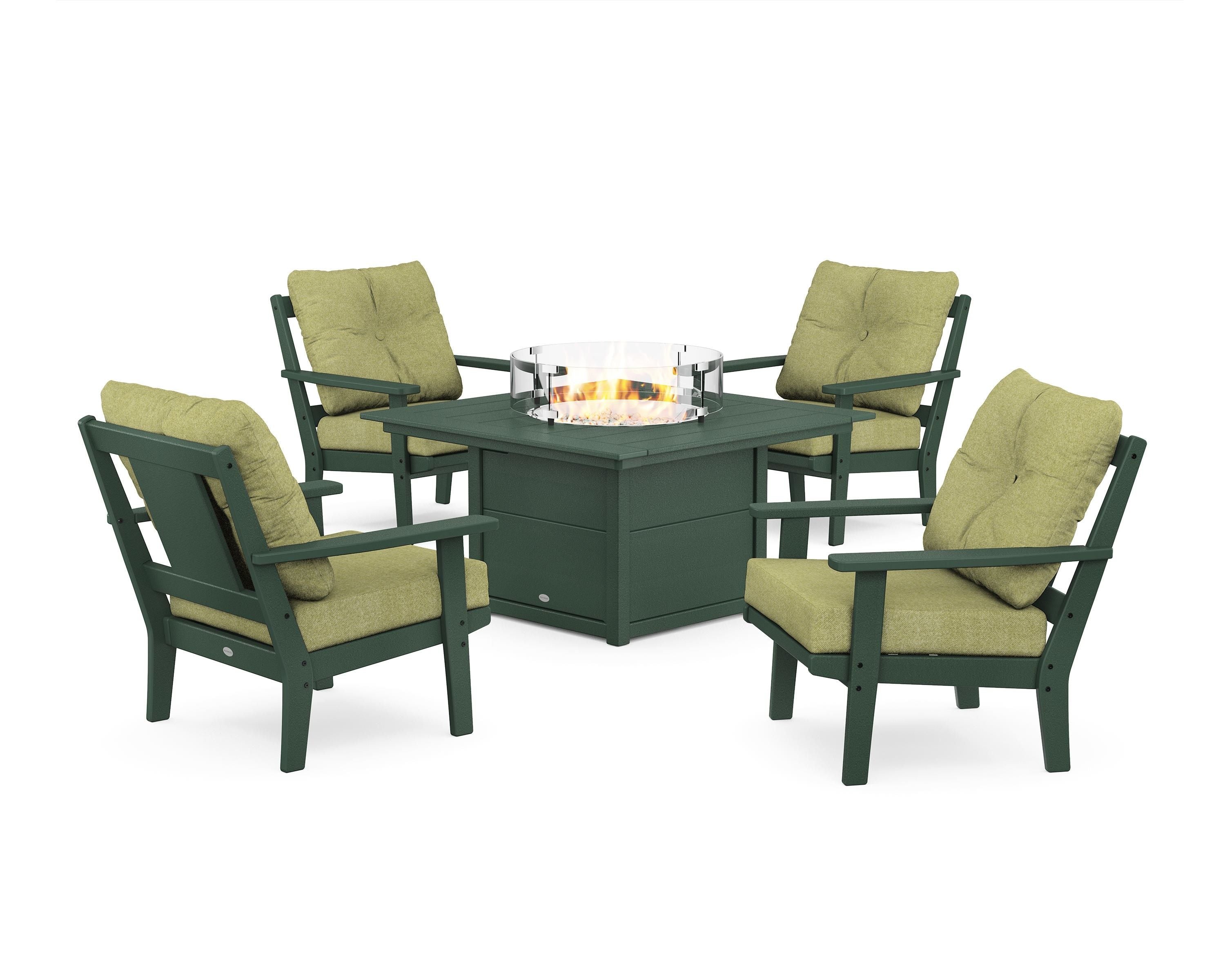POLYWOOD® Prairie 5-Piece Deep Seating Set with Fire Pit Table in Green / Chartreuse Boucle