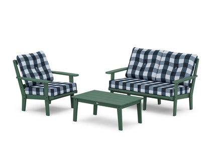 POLYWOOD® Prairie 3-Piece Deep Seating Set with Loveseat in Green / Buffalo Plaid Marine Indigo