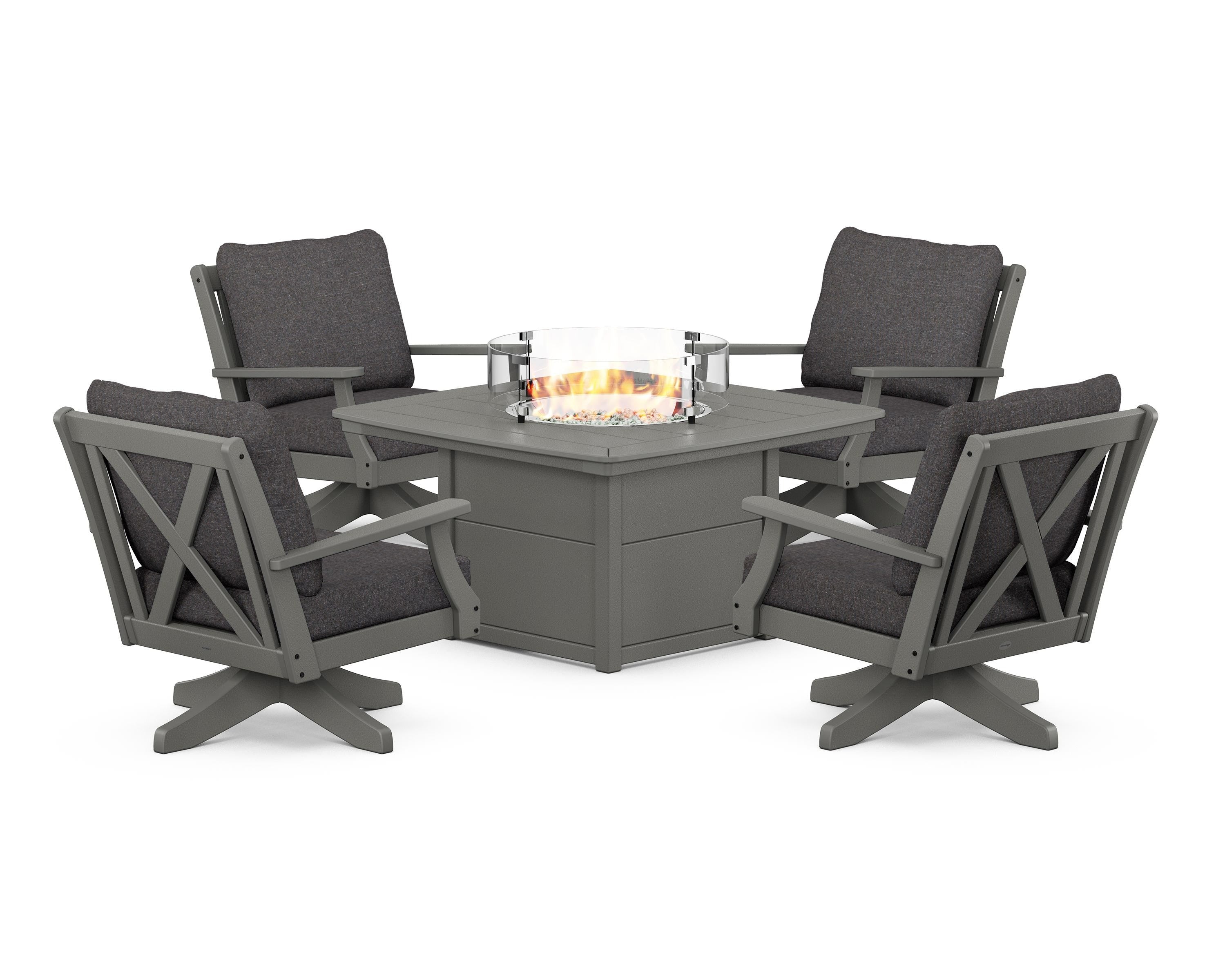 POLYWOOD® Braxton 5-Piece Deep Seating Swivel Conversation Set with Fire Pit Table in Slate Grey / Ash Charcoal