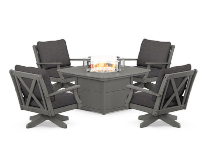 POLYWOOD® Braxton 5-Piece Deep Seating Swivel Conversation Set with Fire Pit Table in Slate Grey / Ash Charcoal