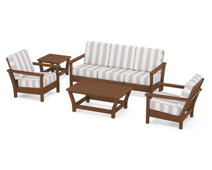 POLYWOOD® Harbour 5-Piece Deep Seating Set in Teak / Cabana Stripe Dune Burlap