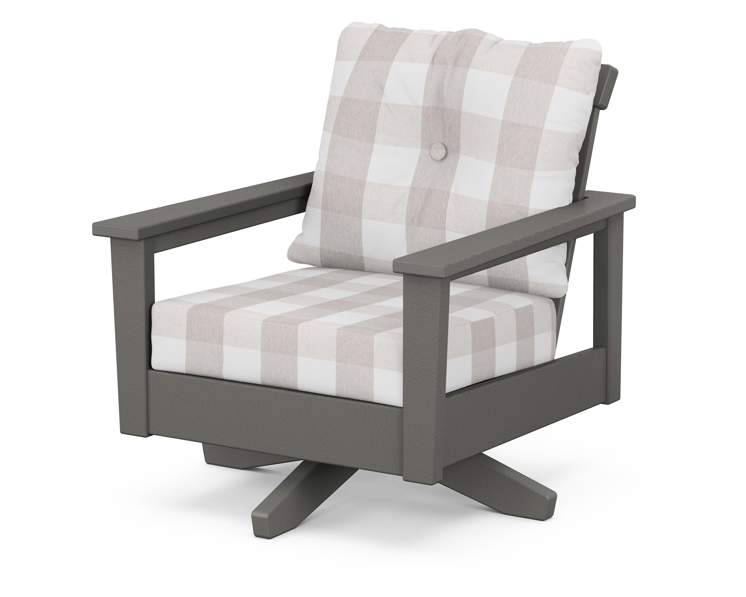 POLYWOOD® Prescott Deep Seating Swivel Chair in Slate Grey / Buffalo Plaid Dune Burlap