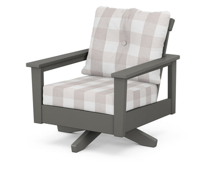 POLYWOOD® Prescott Deep Seating Swivel Chair in Slate Grey / Buffalo Plaid Dune Burlap