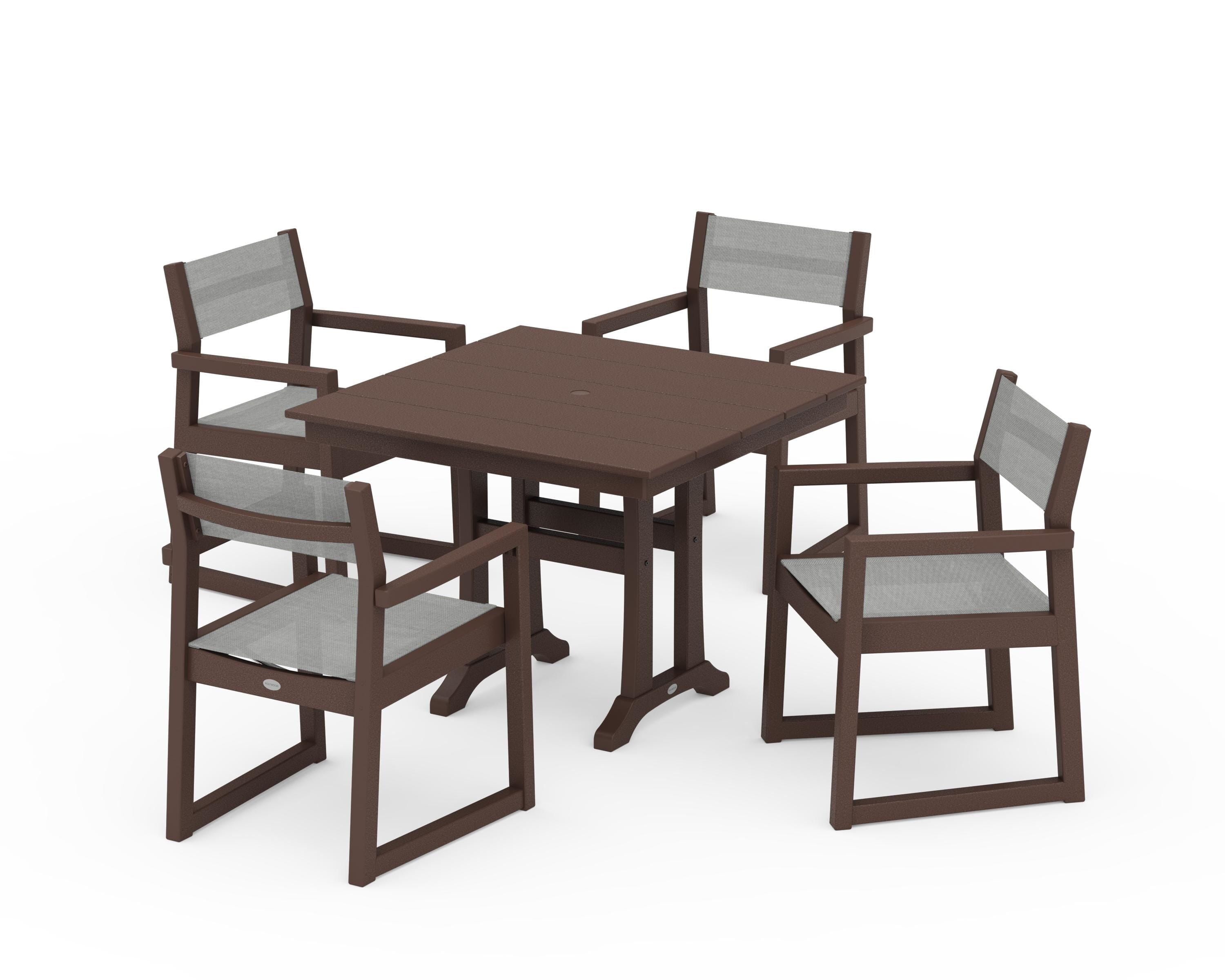 POLYWOOD® EDGE Sling 5-Piece Farmhouse Dining Set with Trestle Legs in Mahogany / Metallic Sling