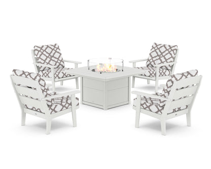 POLYWOOD® Lakeside 5-Piece Deep Seating Set with Nautical Fire Pit Table in White / Trellis Grey Mist