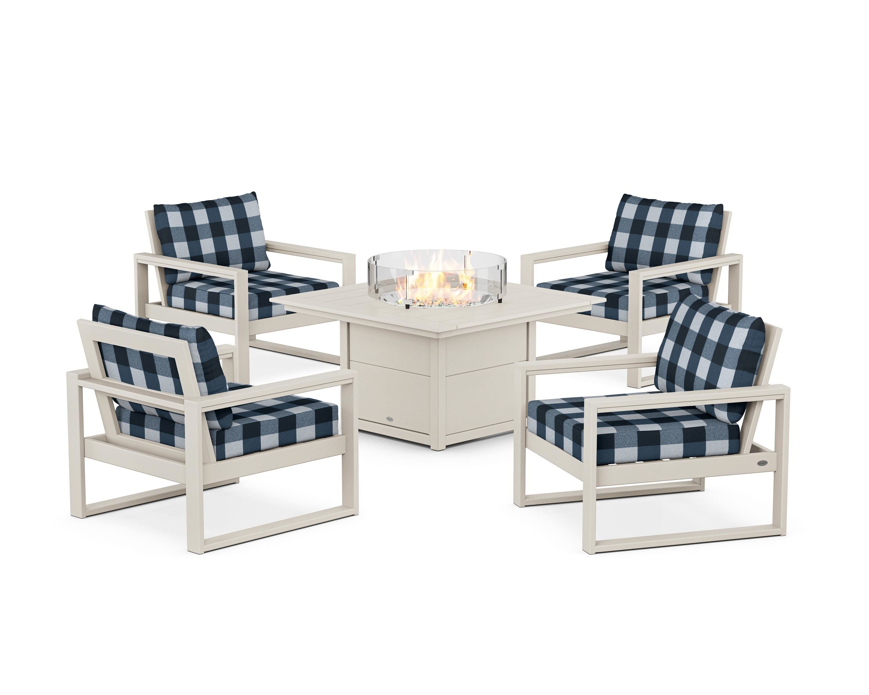 POLYWOOD® EDGE Sectional 5-Piece Deep Seating Set with Fire Pit Table in Sand / Buffalo Plaid Marine Indigo