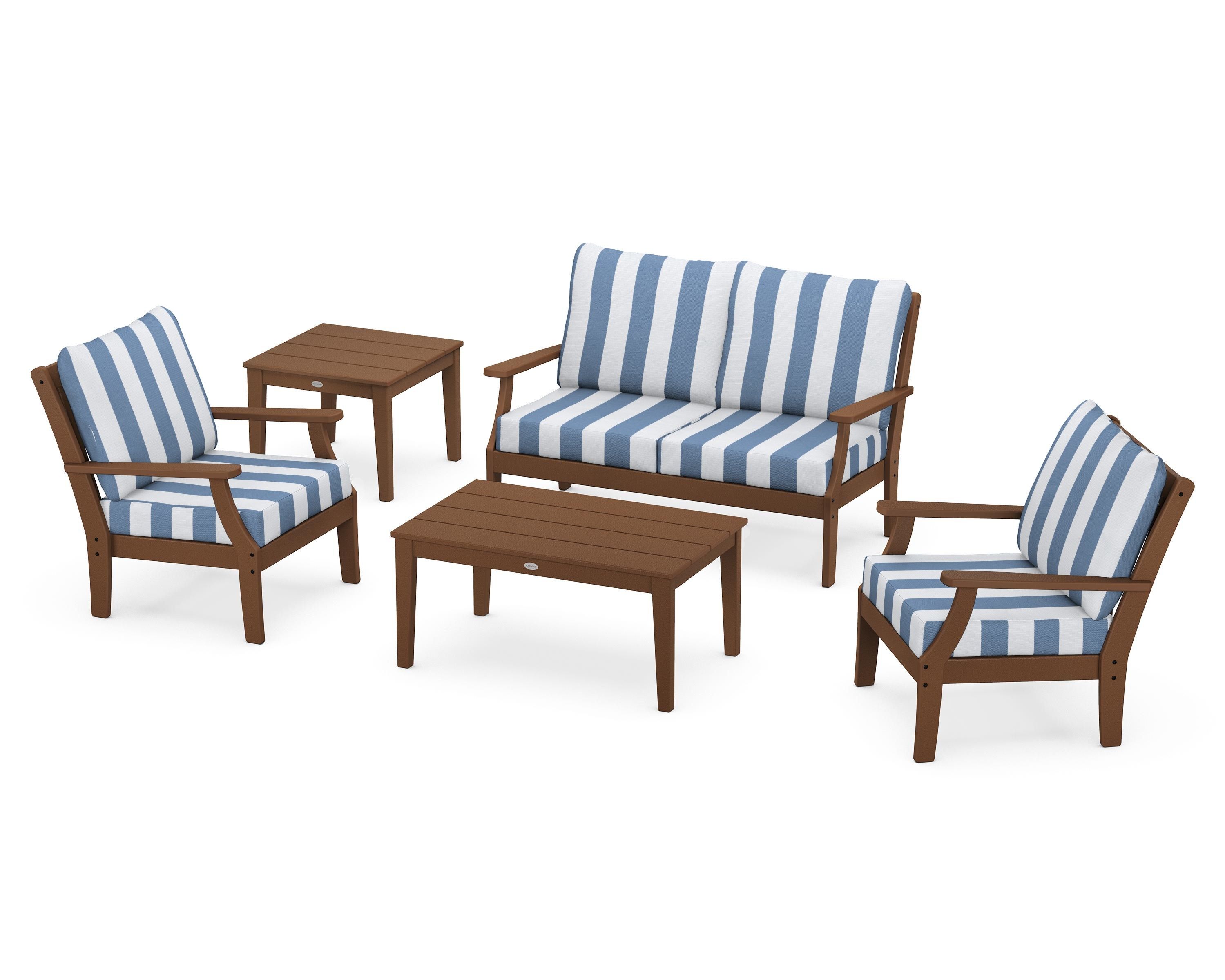 POLYWOOD® Braxton 5-Piece Deep Seating Set in Teak / Cabana Stripe Sky Blue