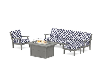 POLYWOOD® Braxton Sectional Lounge and Fire Pit Set in Slate Grey / Trellis Navy