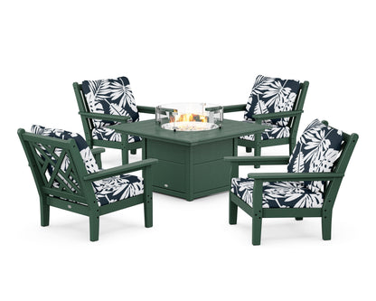 POLYWOOD® Chippendale 5-Piece Deep Seating Set with Fire Pit Table in Green / Leaf Marine Indigo
