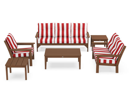 POLYWOOD® Vineyard 6-Piece Deep Seating Set in Teak / Cabana Stripe Crimson