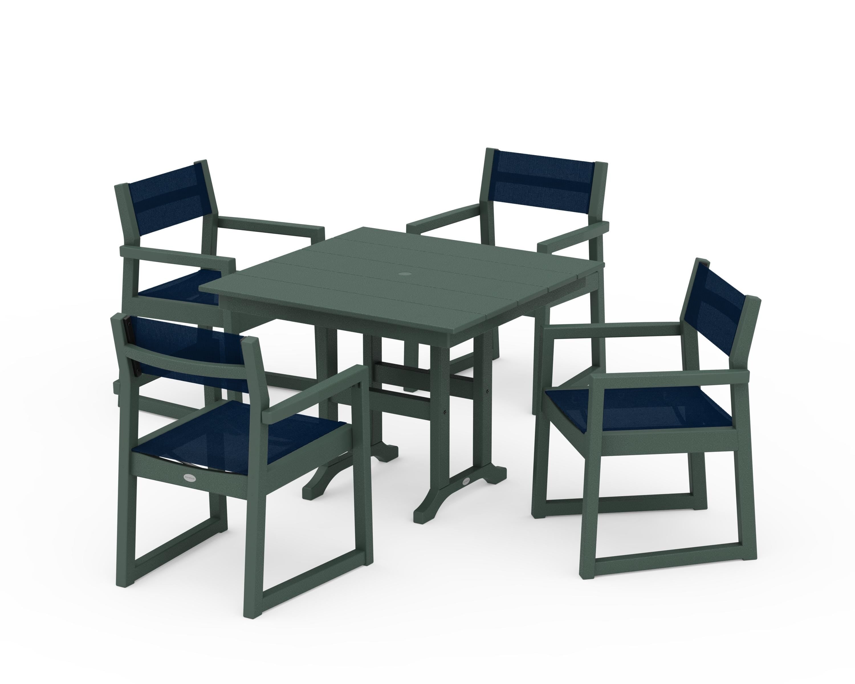 POLYWOOD® EDGE Sling Arm Chair 5-Piece Farmhouse Dining Set in Green / Navy Blue Sling