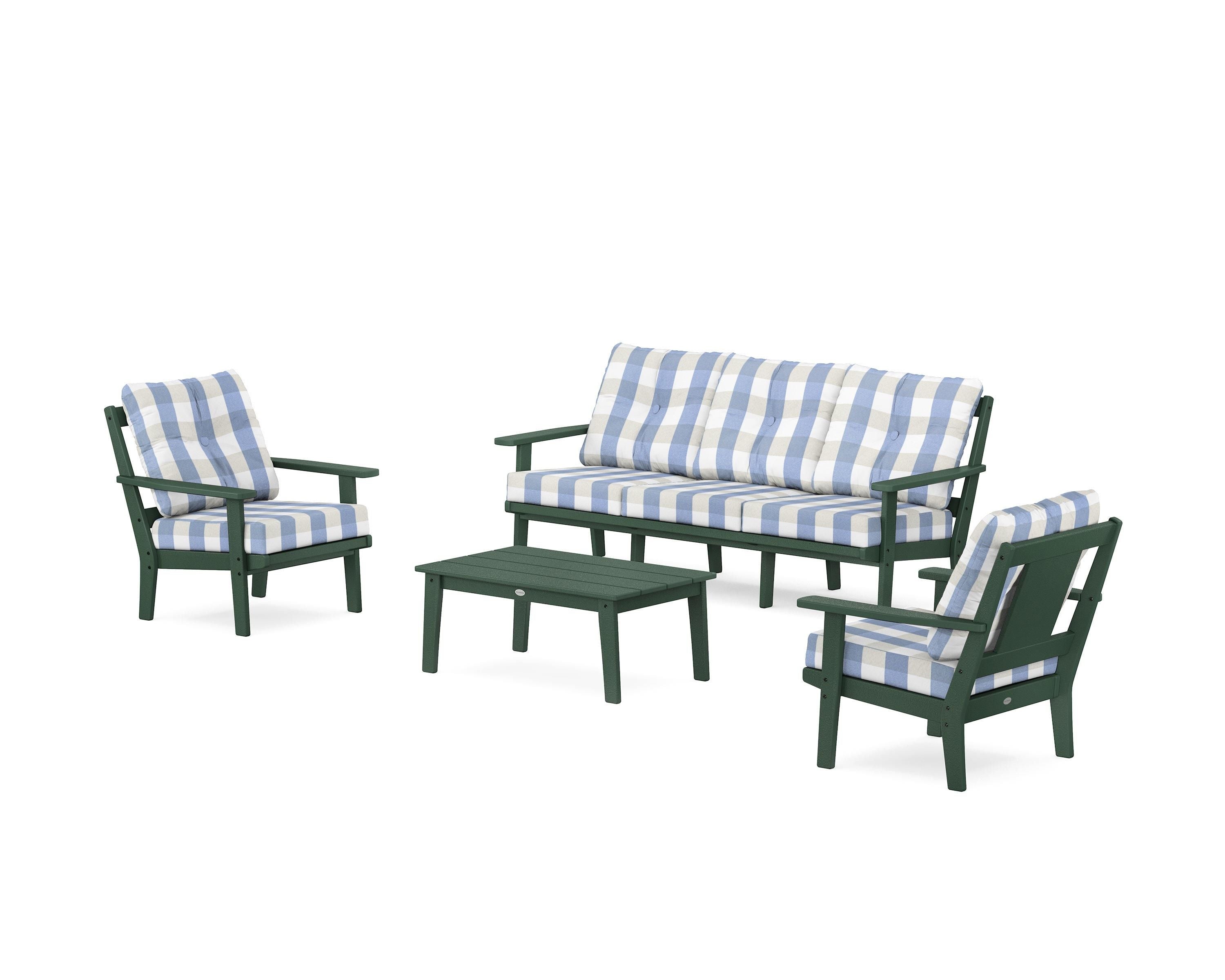 POLYWOOD® Prairie 4-Piece Deep Seating Set with Sofa in Green / Buffalo Plaid Sky Blue