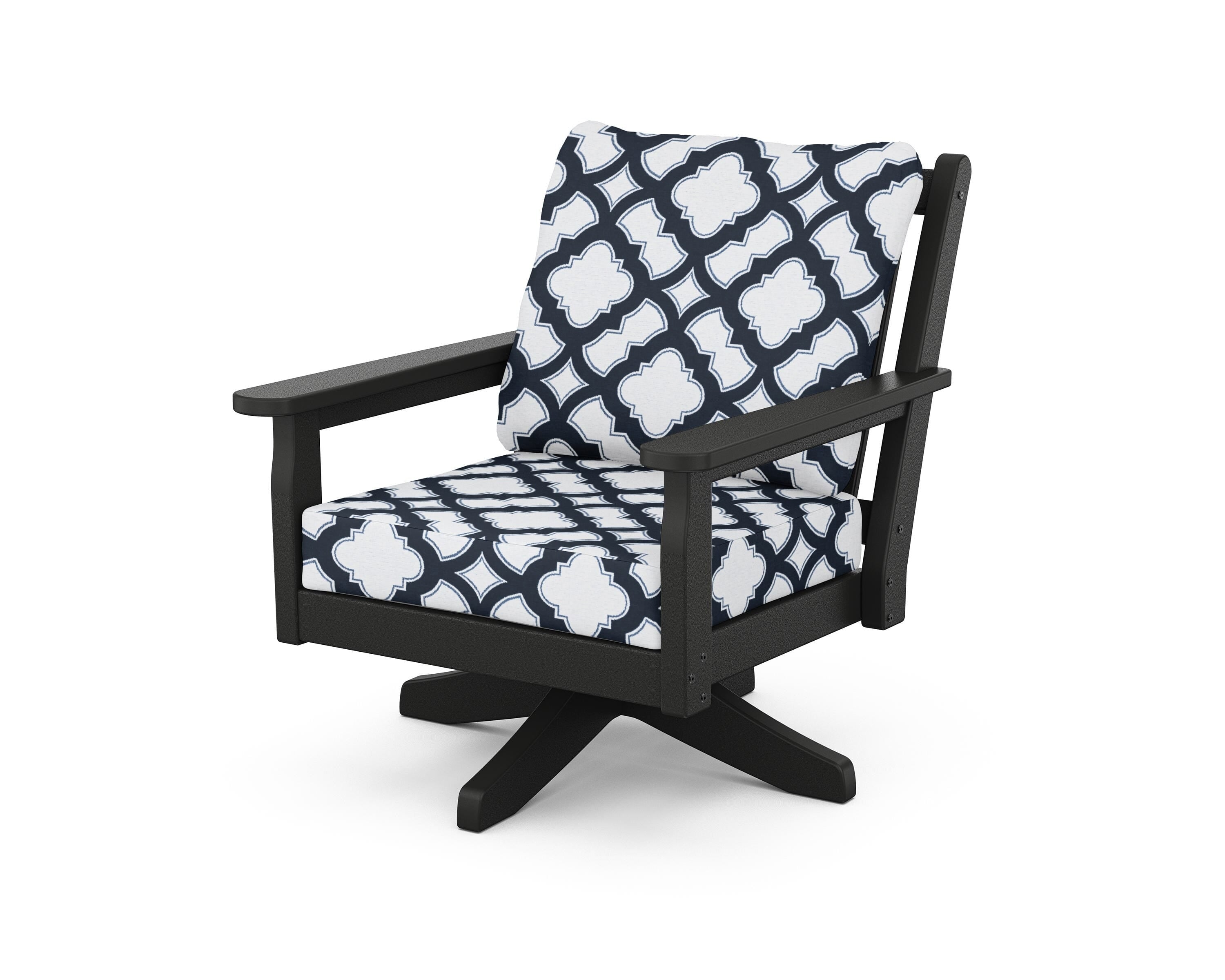 POLYWOOD® Chippendale Deep Seating Swivel Chair in Black / Trellis Marine Indigo