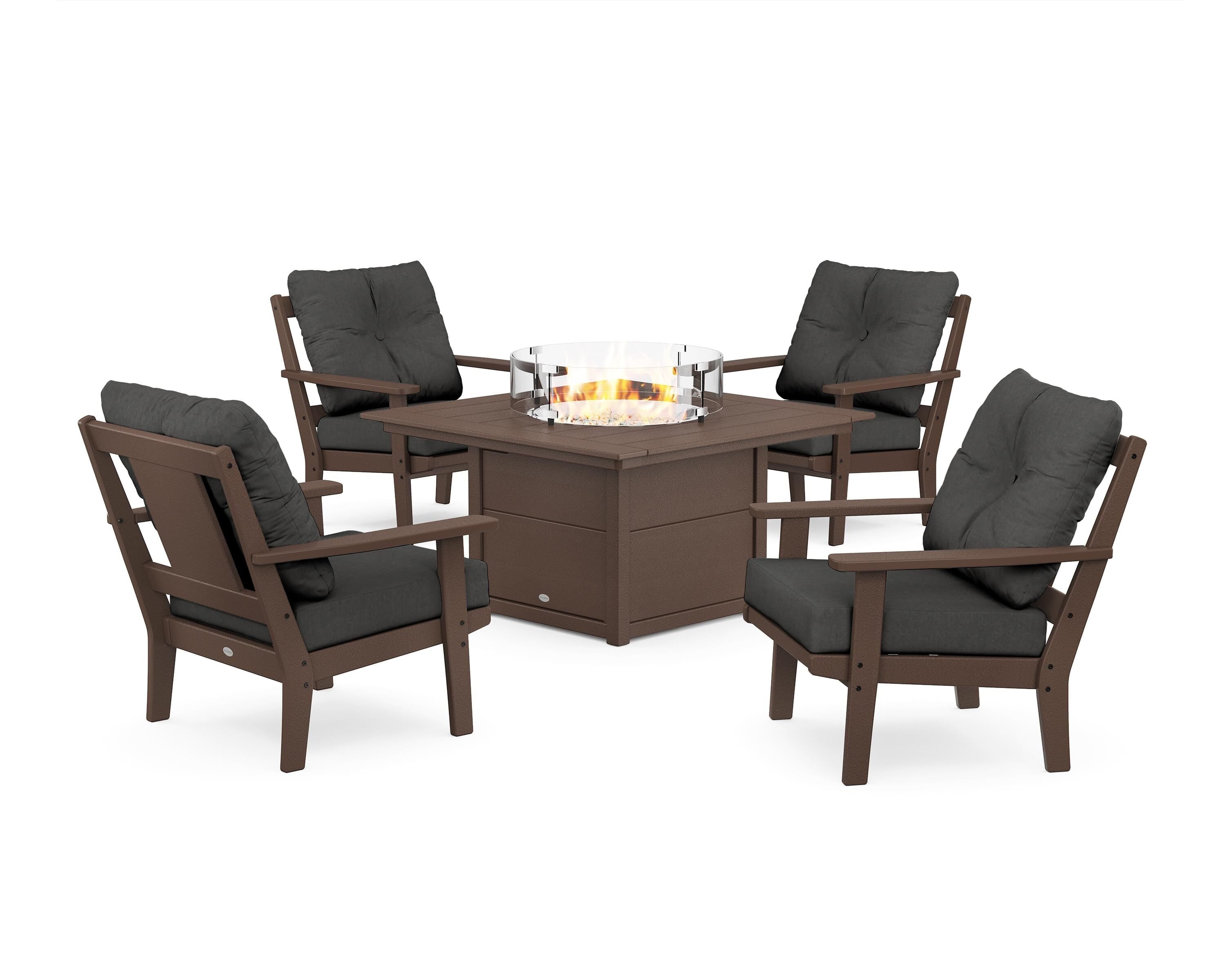 POLYWOOD® Prairie 5-Piece Deep Seating Set with Fire Pit Table in Mahogany / Spectrum Carbon