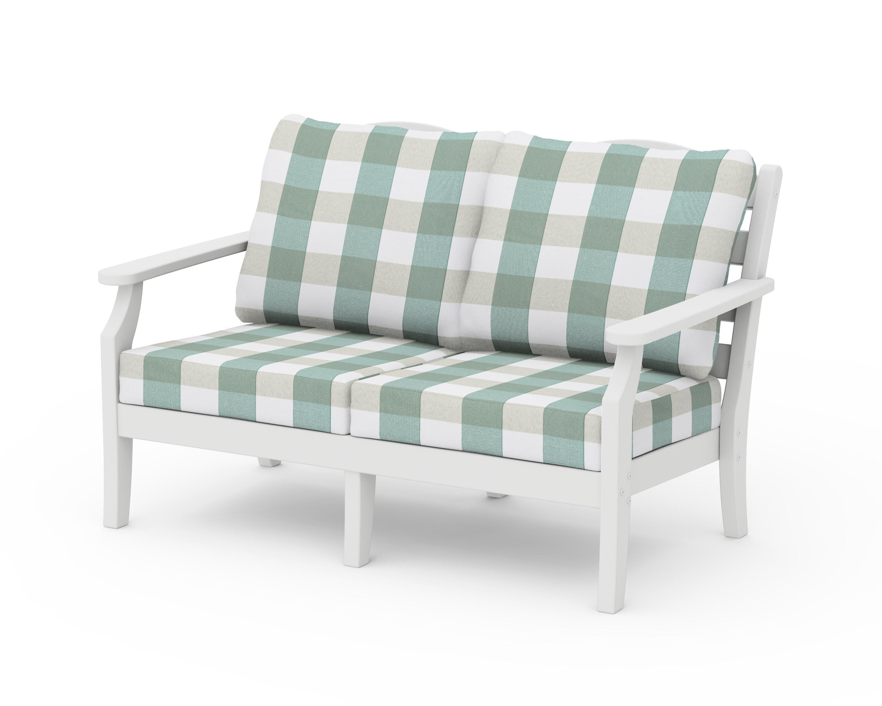 Draper James™ by  POLYWOOD® Savannah Deep Seating Loveseat in White / Buffalo Plaid Glacier Spa