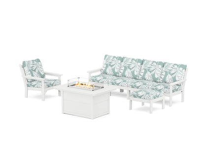 POLYWOOD® Vineyard Sectional Lounge and Fire Pit Set in White / Leaf Glacier Spa