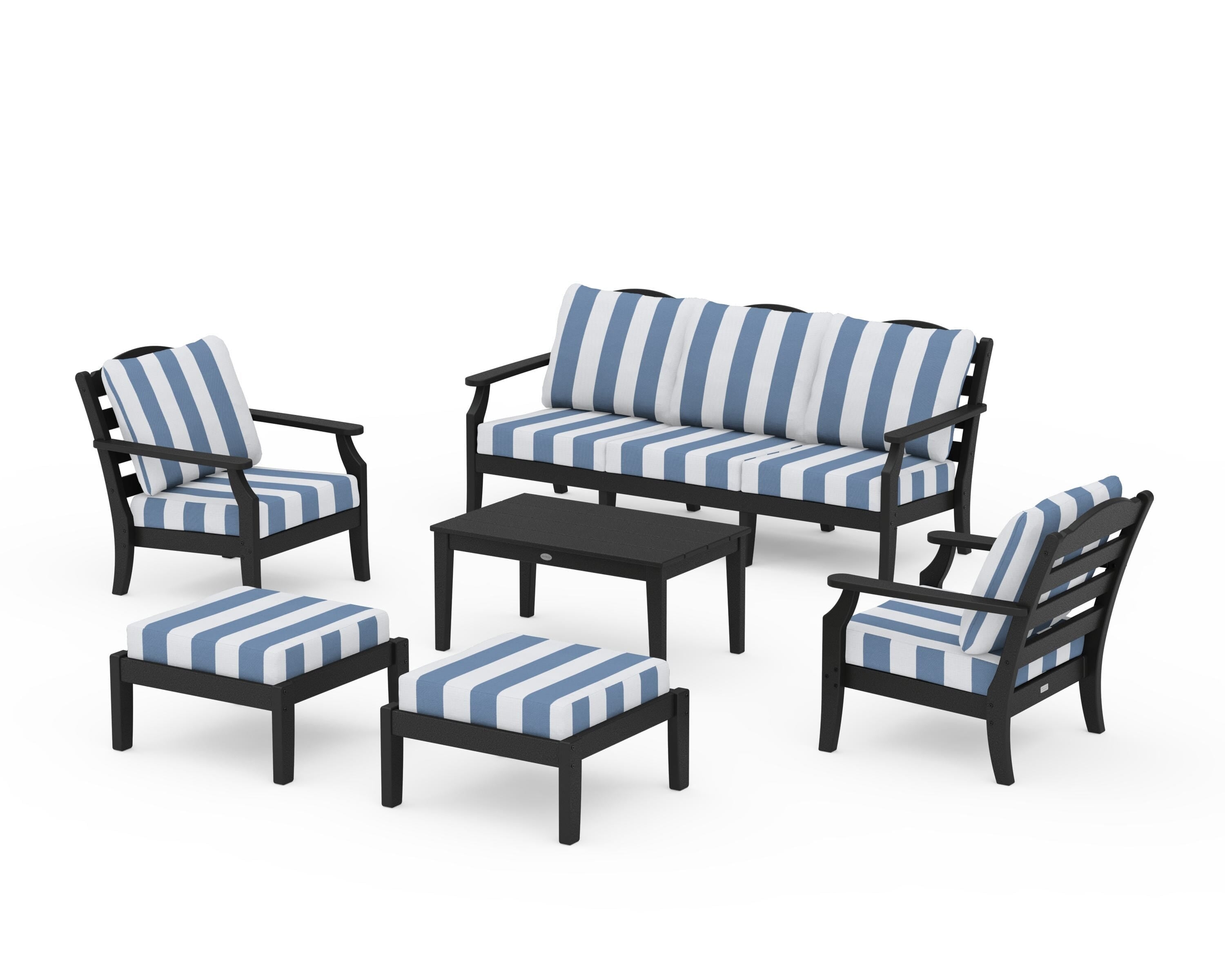 Draper James™ by  POLYWOOD® Savannah 6-Piece Lounge Sofa Set in Black / Cabana Stripe Sky Blue