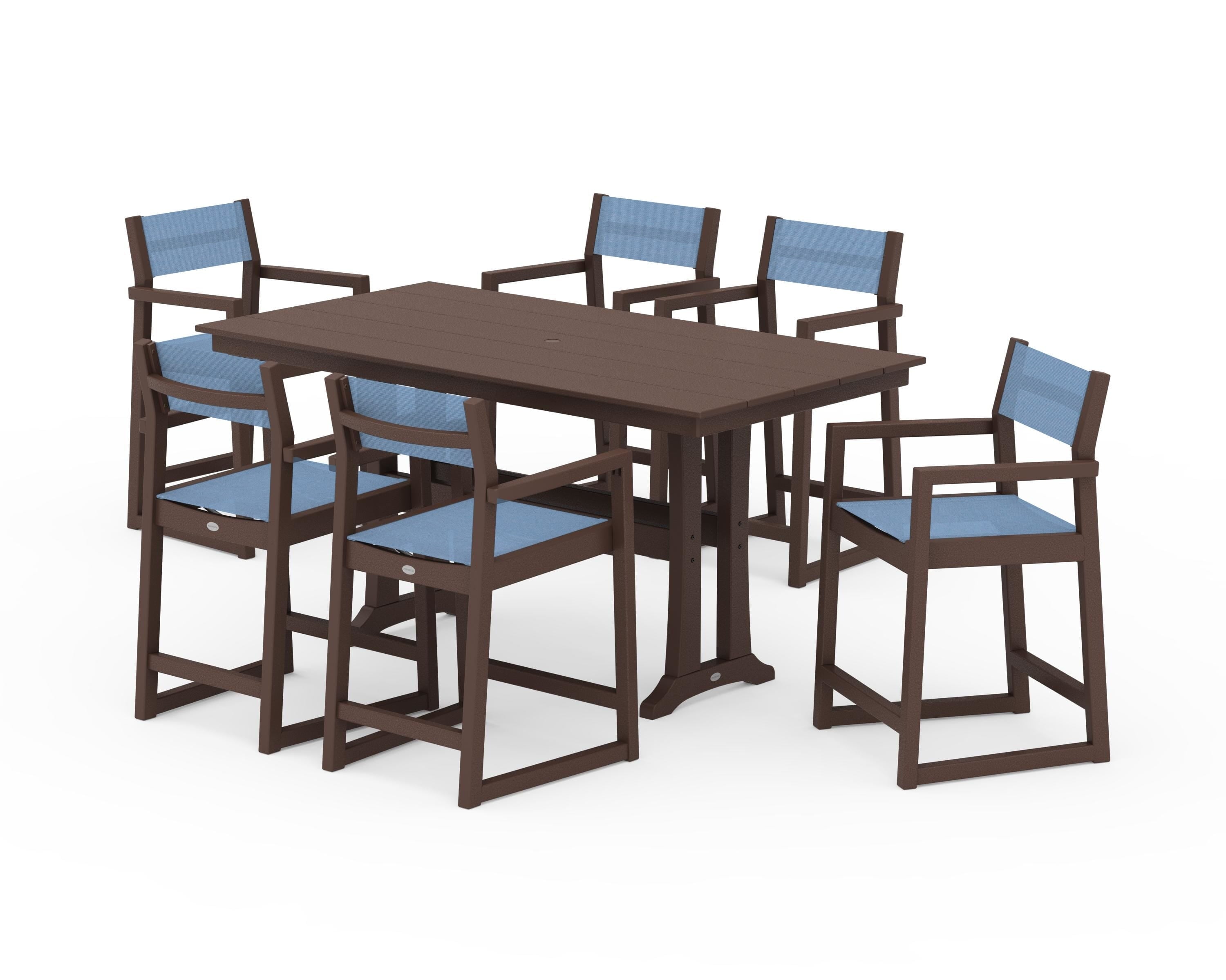 POLYWOOD® EDGE Sling Arm Chair 7-Piece Farmhouse Counter Set with Trestle Legs in Mahogany / Poolside Sling