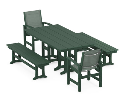 POLYWOOD® Coastal 5-Piece Farmhouse Dining Set in Green / Dupioni Sea Mist Sling