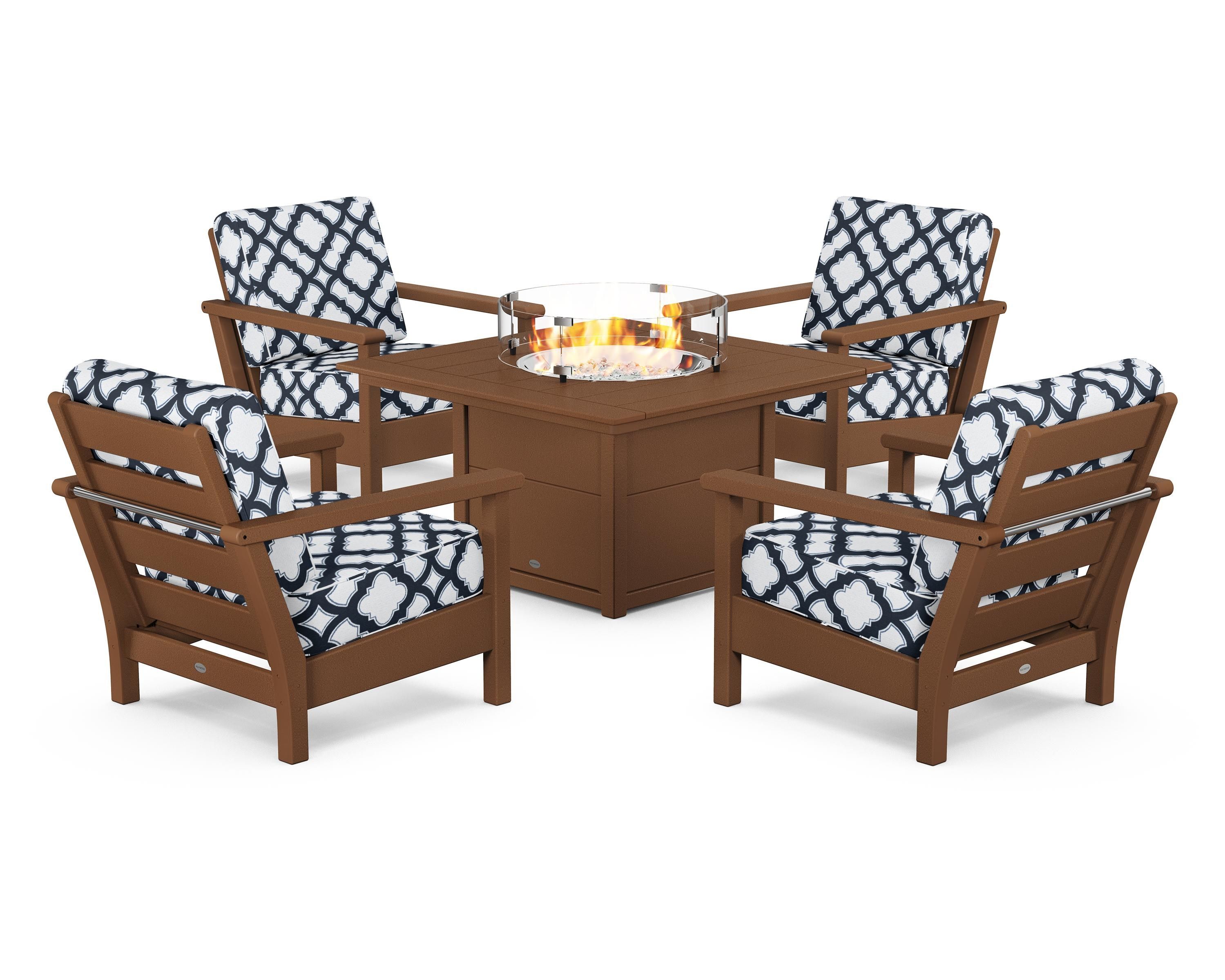 POLYWOOD® Harbour 5-Piece Conversation Set with Fire Pit Table in Teak / Trellis Marine Indigo