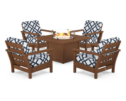 POLYWOOD® Harbour 5-Piece Conversation Set with Fire Pit Table in Teak / Trellis Marine Indigo