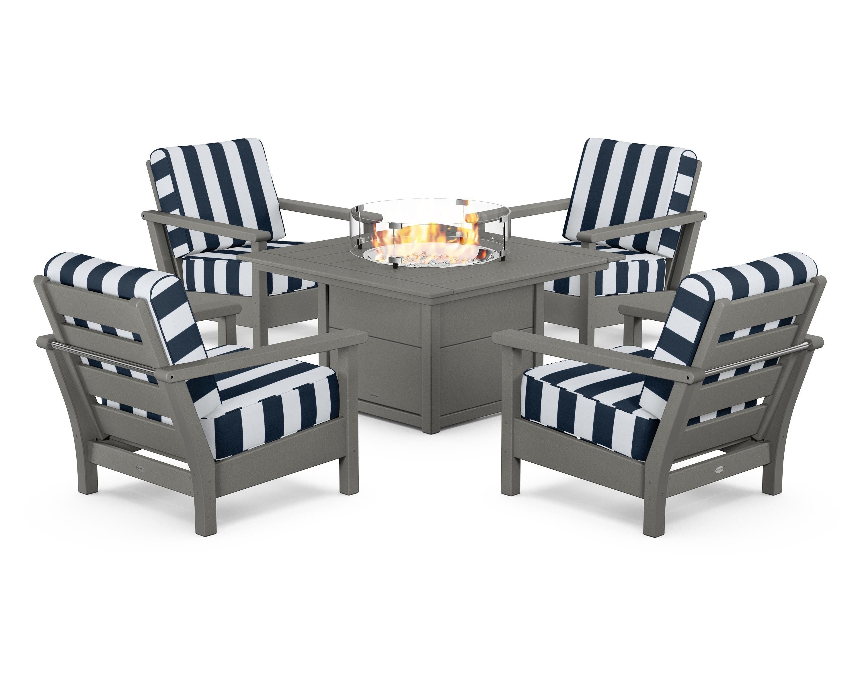 POLYWOOD® Harbour 5-Piece Conversation Set with Fire Pit Table in Slate Grey / Cabana Stripe Marine Indigo