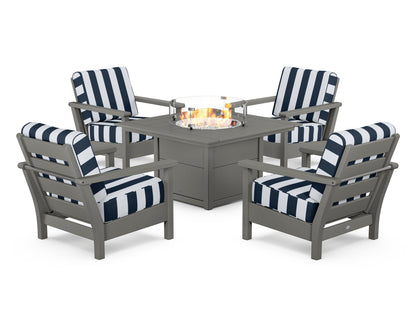POLYWOOD® Harbour 5-Piece Conversation Set with Fire Pit Table in Slate Grey / Cabana Stripe Marine Indigo