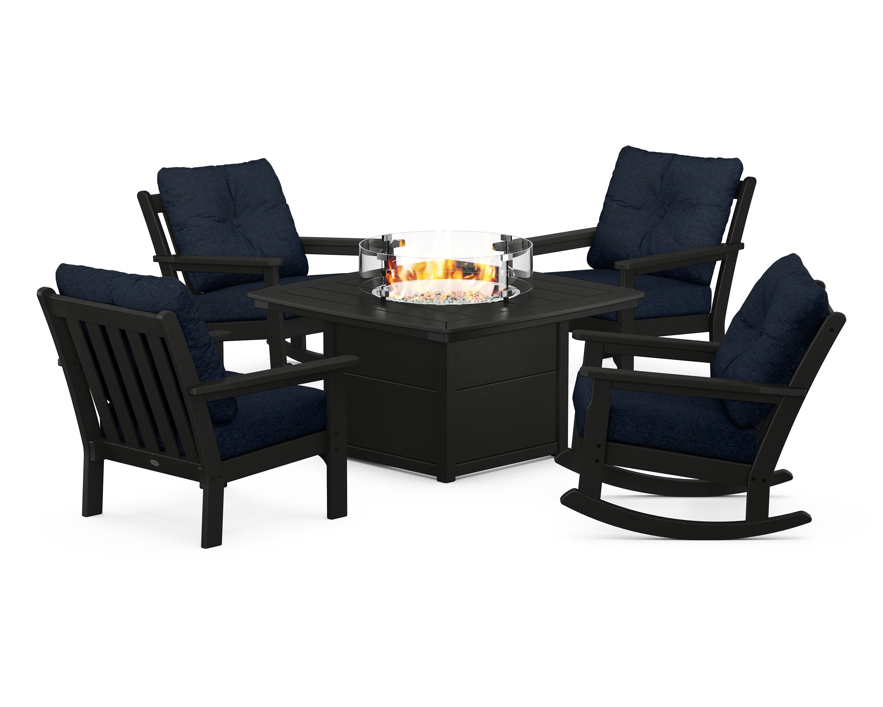 POLYWOOD® Vineyard 5-Piece Deep Seating Rocking Chair Conversation Set with Fire Pit Table in Black / Marine Indigo