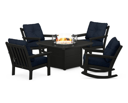 POLYWOOD® Vineyard 5-Piece Deep Seating Rocking Chair Conversation Set with Fire Pit Table in Black / Marine Indigo