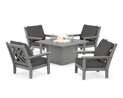 POLYWOOD® Chippendale 5-Piece Deep Seating Set with Fire Pit Table in Slate Grey / Ash Charcoal