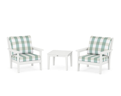 POLYWOOD® Chippendale 3-Piece Deep Seating Set in White / Buffalo Plaid Glacier Spa
