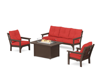 POLYWOOD® Vineyard Deep Seating Fire Pit Table Set in Mahogany / Crimson Linen