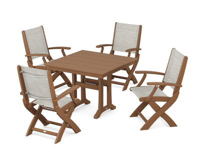 POLYWOOD® Coastal Folding Chair 5-Piece Farmhouse Dining Set With Trestle Legs in Teak / Birch Sling