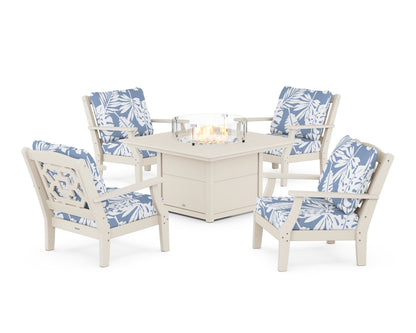 Martha Stewart by POLYWOOD® Chinoiserie 5-Piece Deep Seating Set with Fire Pit Table in Sand / Leaf Sky Blue