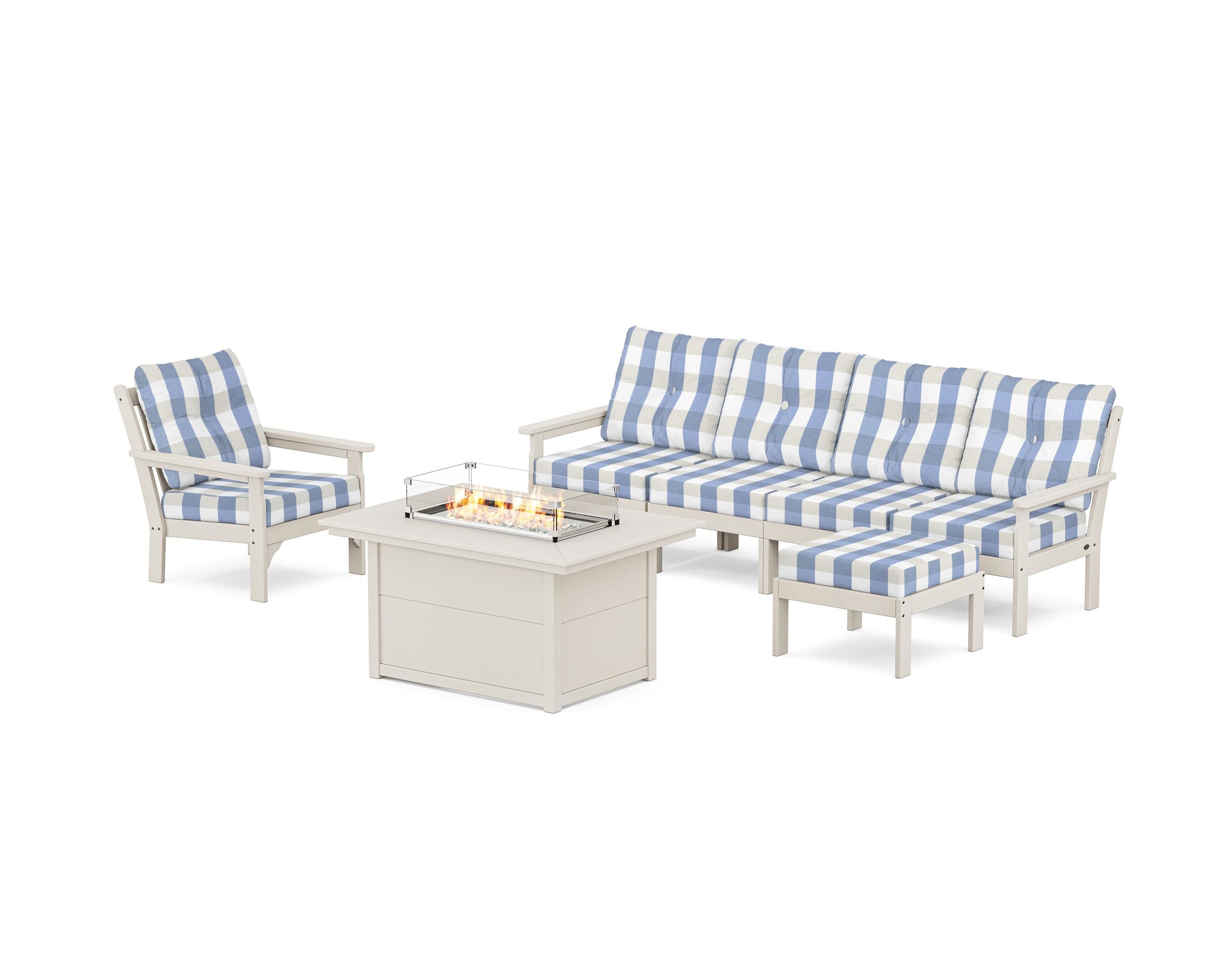POLYWOOD® Vineyard Sectional Lounge and Fire Pit Set in Sand / Buffalo Plaid Sky Blue