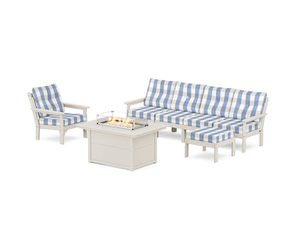 POLYWOOD® Vineyard Sectional Lounge and Fire Pit Set in Sand / Buffalo Plaid Sky Blue