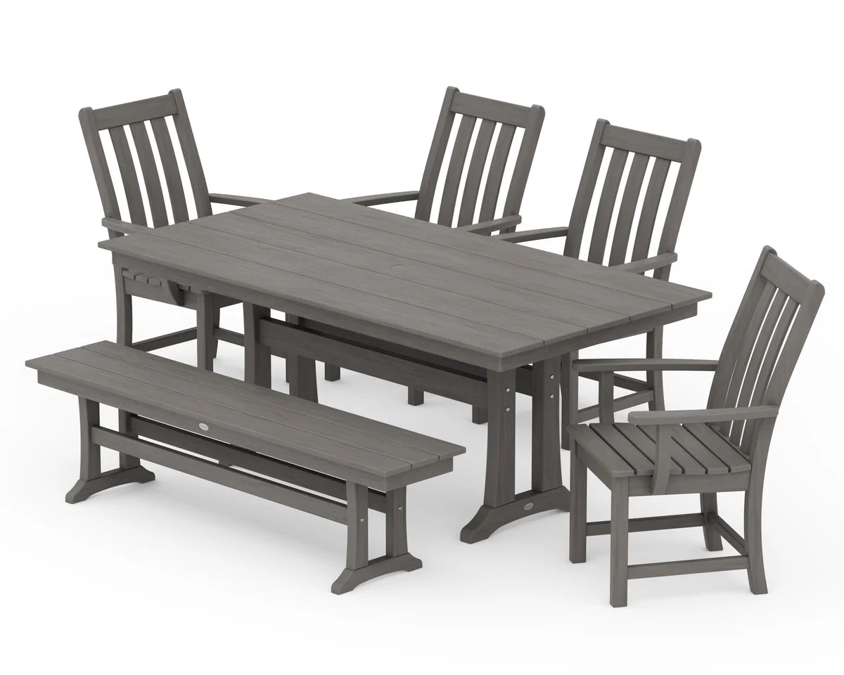 Vineyard 6-Piece Arm Chair Farmhouse Dining Set with Trestle Legs and Bench