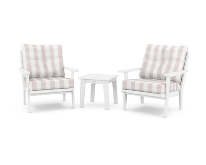 POLYWOOD® Lakeside 3-Piece Deep Seating Chair Set in White / Buffalo Plaid Dune Burlap