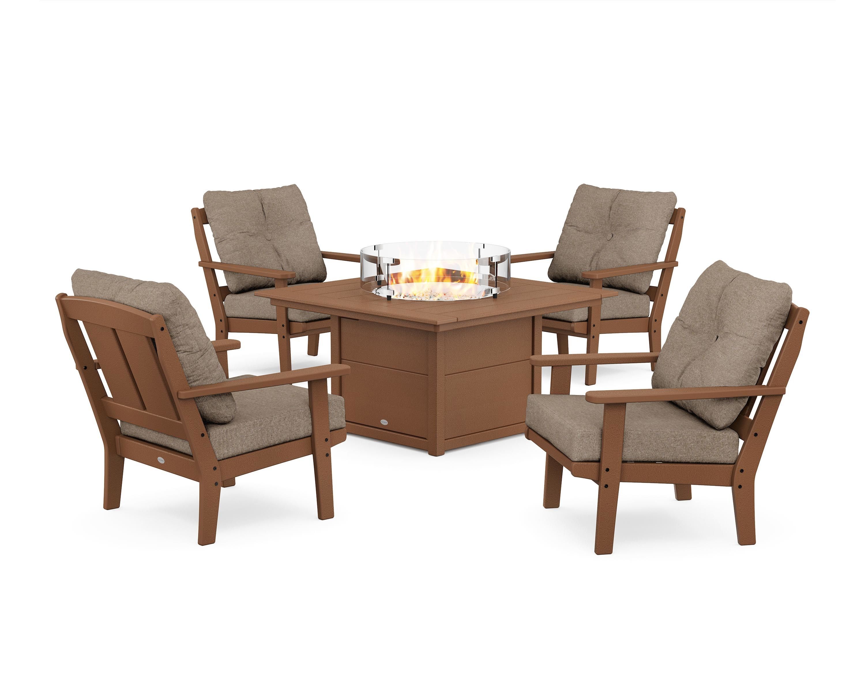 POLYWOOD® Mission 5-Piece Deep Seating Set with Fire Pit Table in Teak / Spiced Burlap