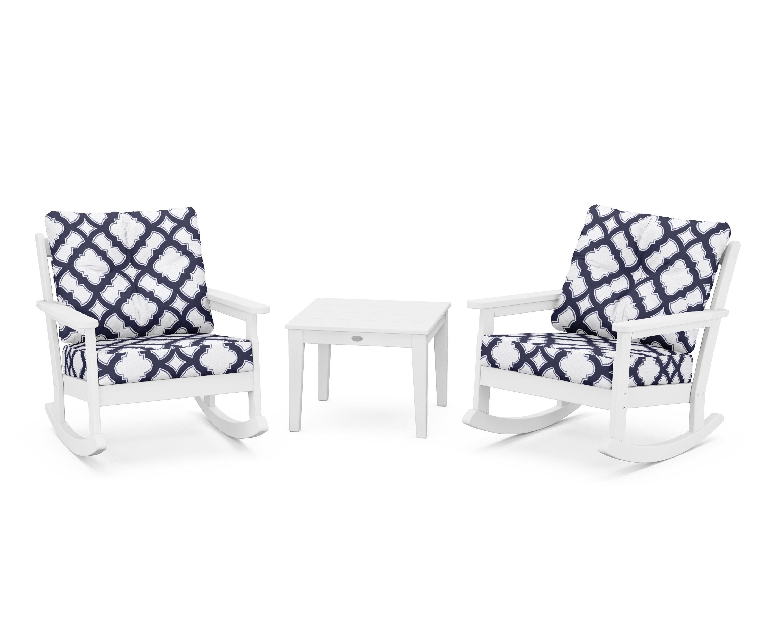 POLYWOOD® Vineyard 3-Piece Deep Seating Rocker Set in White / Trellis Navy