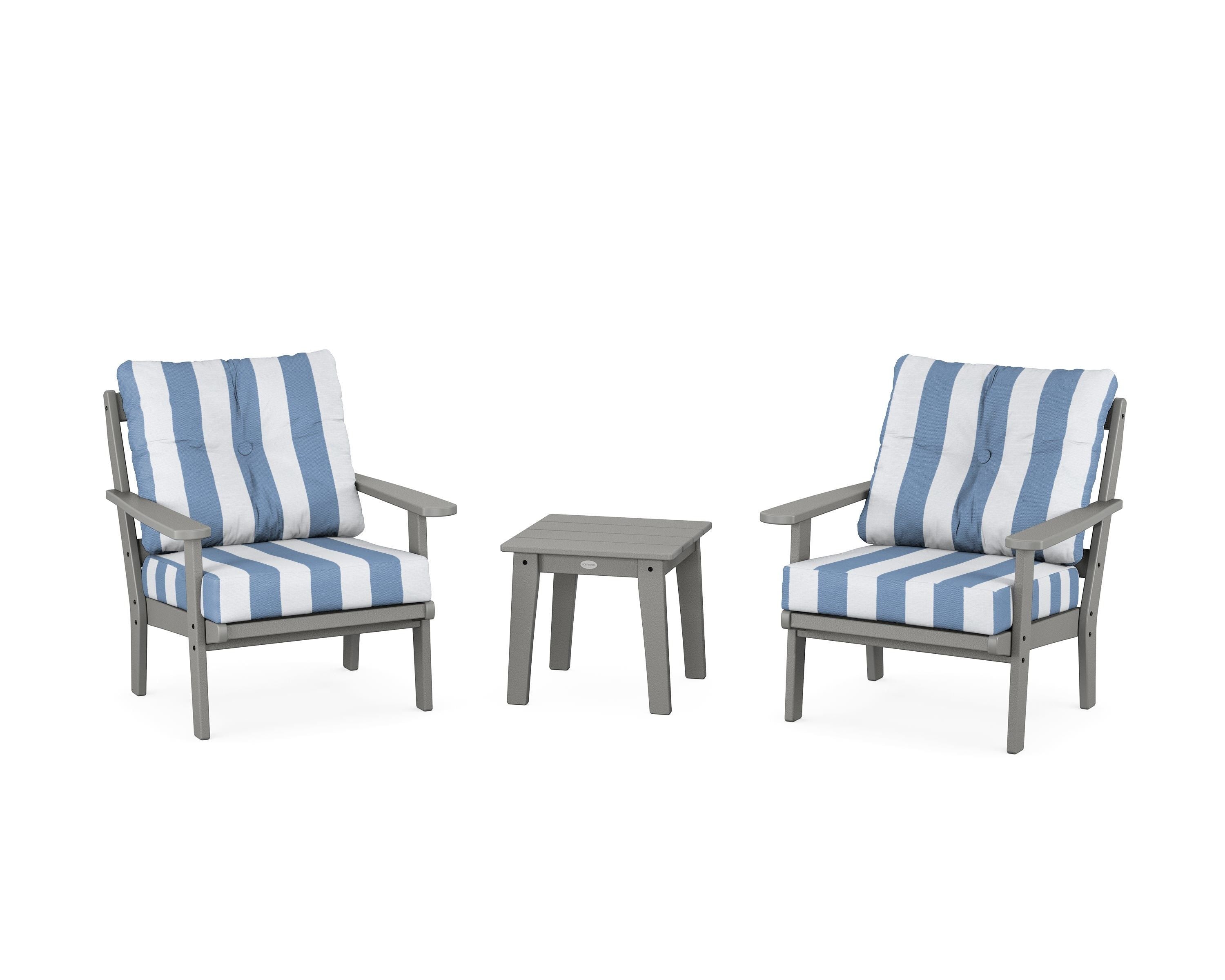 POLYWOOD® Mission 3-Piece Deep Seating Set in Slate Grey / Cabana Stripe Sky Blue