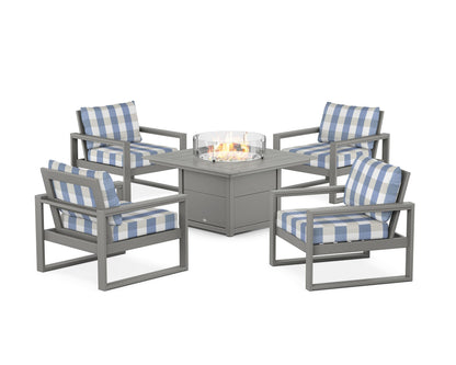 POLYWOOD® EDGE Sectional 5-Piece Deep Seating Set with Fire Pit Table in Slate Grey / Buffalo Plaid Sky Blue