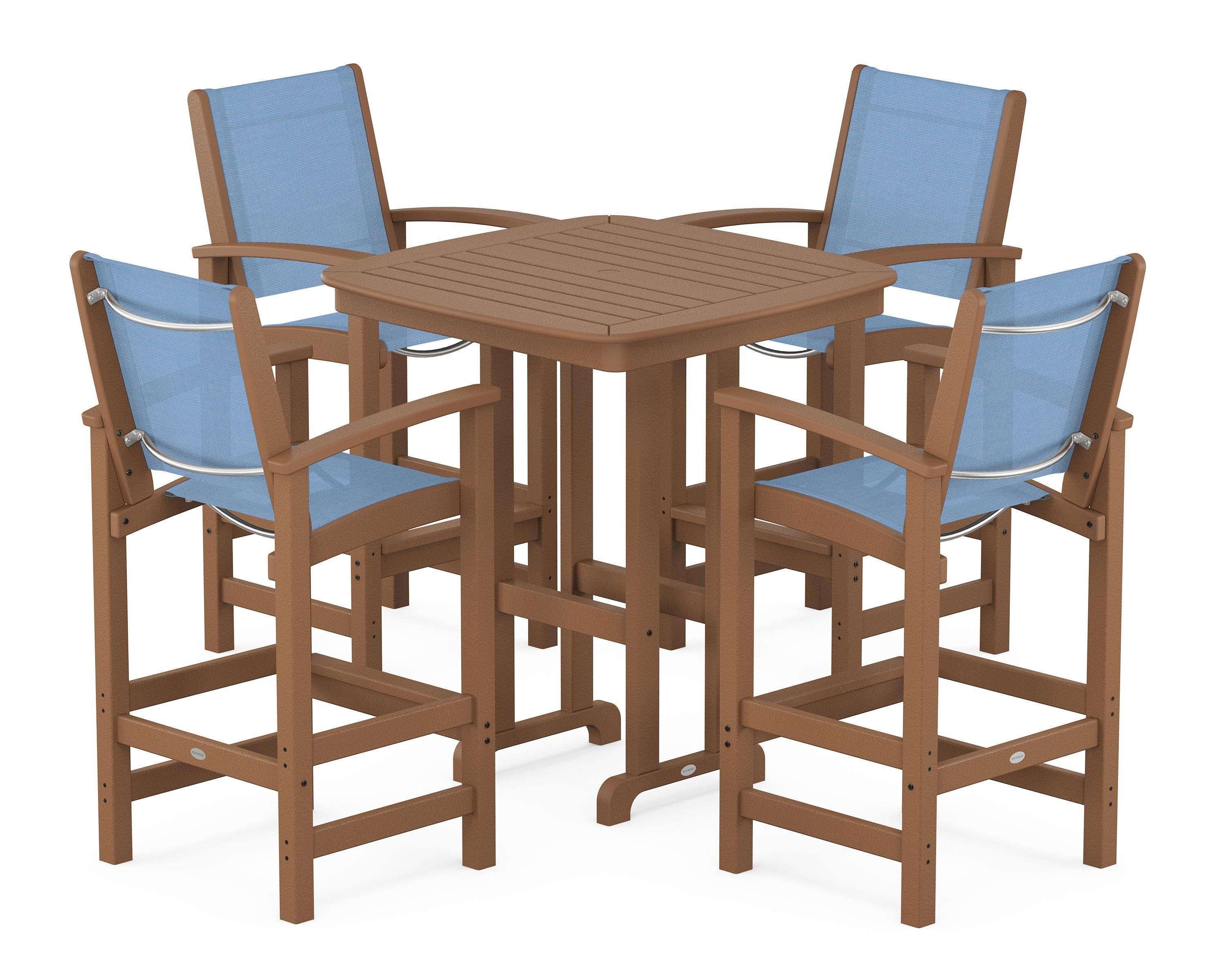 POLYWOOD® Coastal 5-Piece Bar Set in Teak / Poolside Sling
