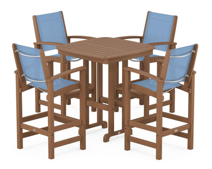 POLYWOOD® Coastal 5-Piece Bar Set in Teak / Poolside Sling