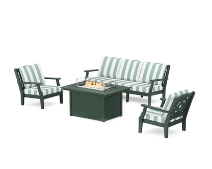 Martha Stewart by POLYWOOD® Chinoiserie Deep Seating Fire Pit Table Set in Green / Cabana Stripe Glacier Spa