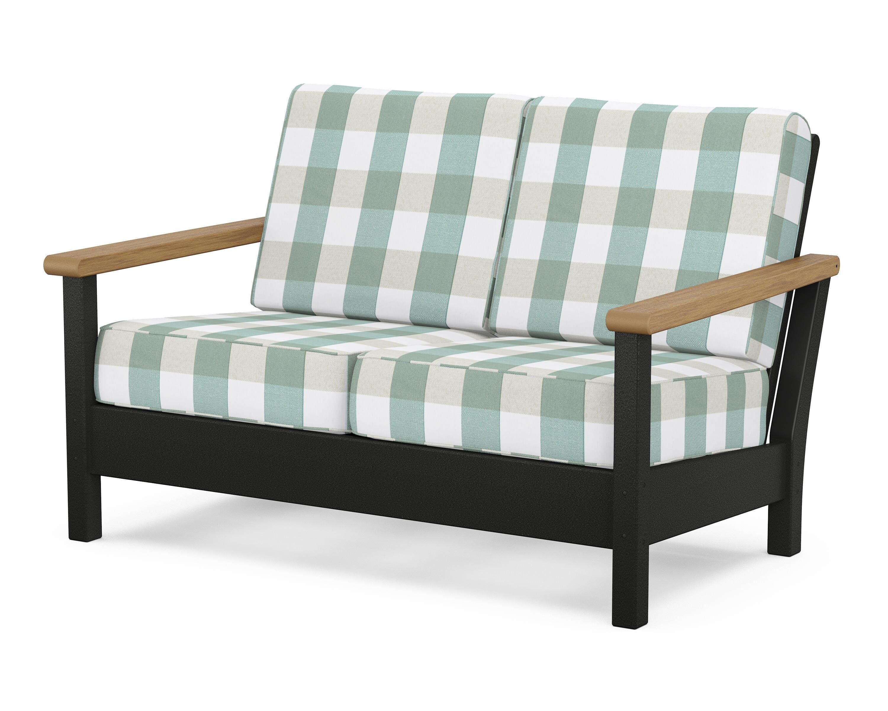 POLYWOOD® Harbour Deep Seating Loveseat in Black / Natural / Buffalo Plaid Glacier Spa
